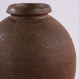 BIZEN STYLE STUDIO POTTERY, wood fired Tsubo vase, with incised hibiscus decoration, impressed