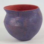 DEANA MOORE, BRITISH, hand built studio pottery vessel blue glaze with red glaze interior and blue