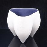 DEANA MOORE, BRITISH, studio pottery vessel in tripod form, white glaze with blue speckle with