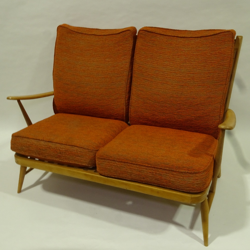 ERCOL, mid-century Windsor 2 seater sofa, with web back and seat, original orange/brown fabric, H - Image 2 of 4