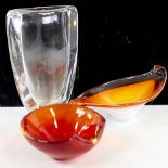 A Scandinavian style heavy walled clear glass vase, and two other pieces of mid-century glass,