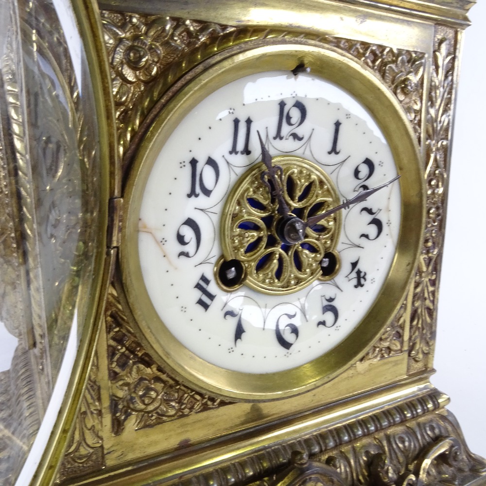 A large 19th century French brass architectural 8-day mantel clock, cream enamel dial with Arabic - Image 2 of 5