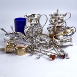 Various silver and plate, including christening tankard, salts, mustard pot, pillboxes etc, 6.3oz