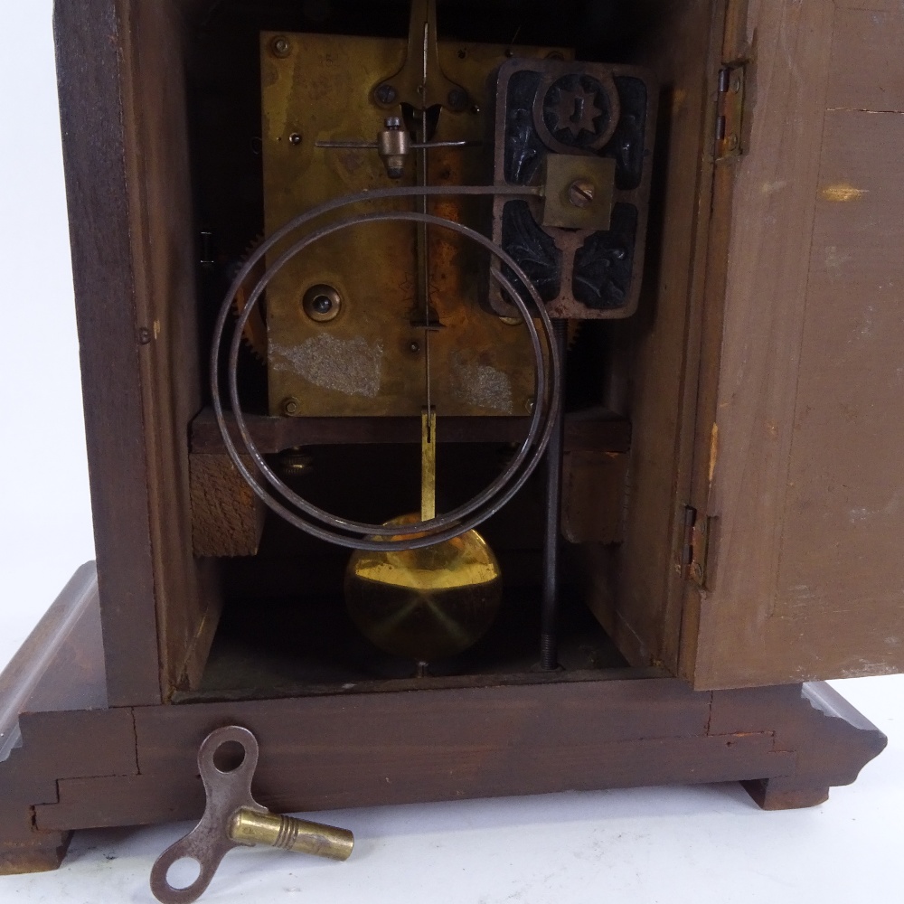 An early 20th century mahogany-cased 8-day architectural mantel clock, examined by Benet Fink & Co - Image 4 of 5