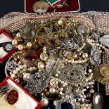 Various costume jewellery, silver spoon, Womens Voluntary Service medal etc (boxful) Lot sold as