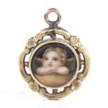 A 19th century unmarked gold and enamel miniature pendant, hand painted enamel panel depicting