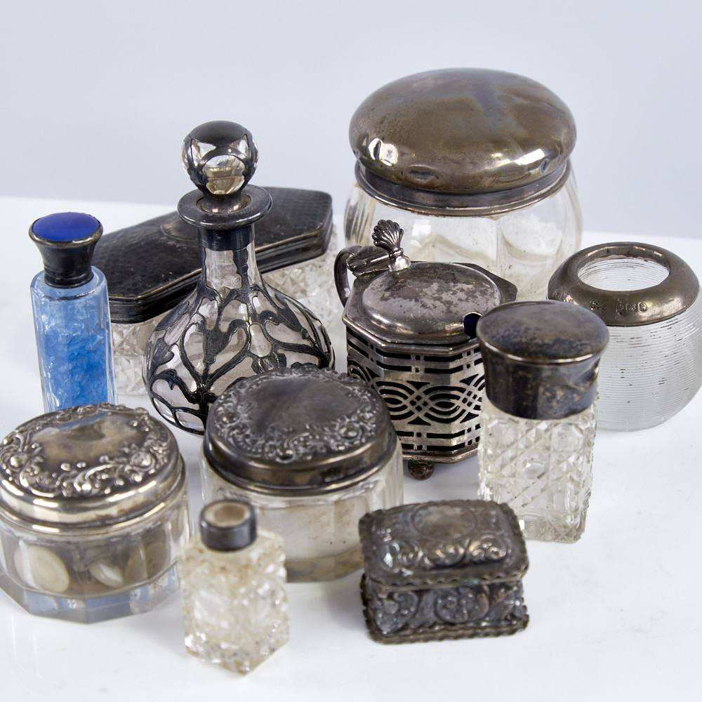 Various silver, including miniature embossed pillbox, mustard pot, dressing table jars etc Lot