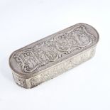 A 19th century Dutch silver tobacco box, allover relief embossed village and hunting scenes,