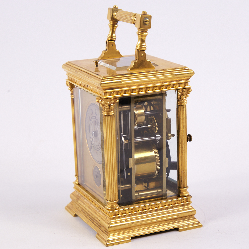 A 19th century gilt-bronze dual time zone repeating carriage clock timepiece, silvered dial with - Image 2 of 5