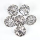 A set of 6 Edwardian Art Nouveau silver buttons, relief female profile decoration, by William M