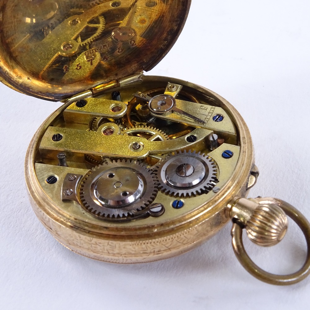 An early 20th century Swiss 14ct rose gold open-face top-wind fob watch, white enamel dial with - Image 4 of 5