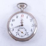 OMEGA - a Continental silver-cased open-face top-wind pocket watch, white enamel dial with eccentric