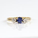An early 20th century 18ct gold 3-stone sapphire and diamond ring, total diamond content approx 0.