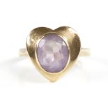 A late 20th century 9ct gold amethyst heart ring set with oval-cut amethyst, setting height 13.