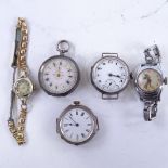 A group of watches, including 2 early 20th century silver-cased wristwatches, silver fob watch