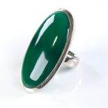 A large modern handmade sterling silver and green agate ring, setting height 52.6mm, size P, 29.5g