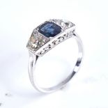 An early 20th century French Art Deco 18ct white gold 3-stone sapphire and diamond ring, geometric