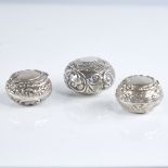 3 19th and 20th century circular silver pillboxes, relief embossed foliate decoration, hallmarks