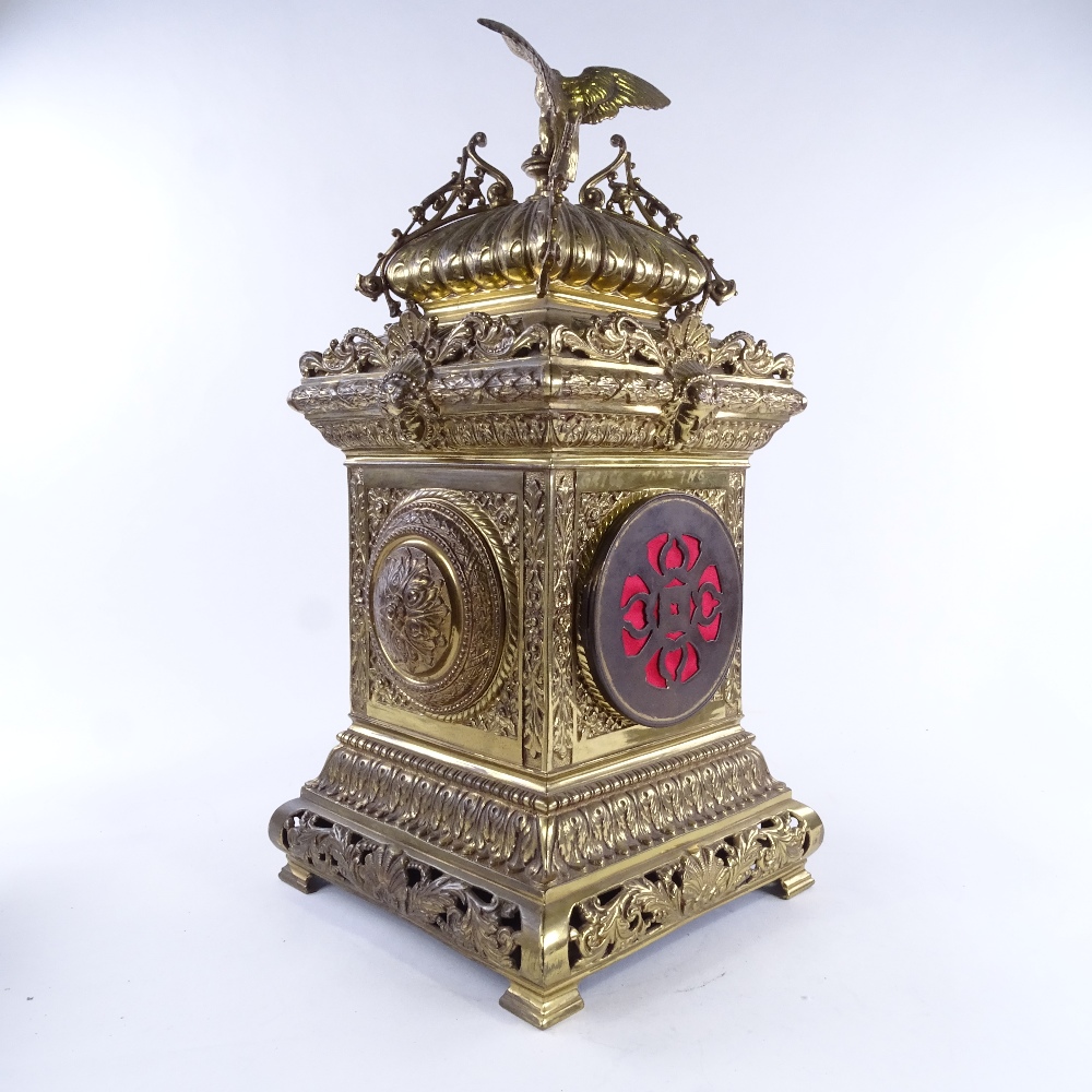 A large 19th century French brass architectural 8-day mantel clock, cream enamel dial with Arabic - Image 3 of 5