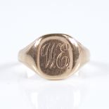 An early 20th century 9ct gold signet ring, maker's marks WW Ltd, setting height 12.4mm, size O, 5.