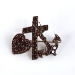 A 19th century Bohemian flat-top and faceted garnet Faith Hope and Charity brooch, brooch length