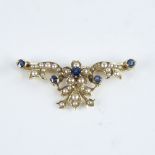 An Art Nouveau 9ct gold sapphire and split-pearl and floral brooch, brooch length 44.8mm, 5.8g