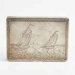 A George V silver table snuffbox, plain rectangular form with engraved sailing boat scene lid and