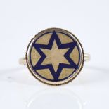 A 19th century unmarked gold blue enamel star insignia panel ring, within rope twist surround, panel