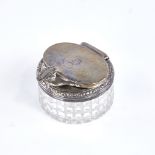 A George IV silver-mounted cut-glass travelling inkwell, relief embossed floral border with screw-