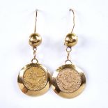 A pair of Turkish Ottoman 25 Kurush gold coin earrings, in unmarked high carat gold shepherd hook