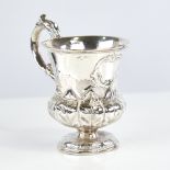 A William IV silver christening mug, thistle form with scrolled acanthus leaf handle and baluster