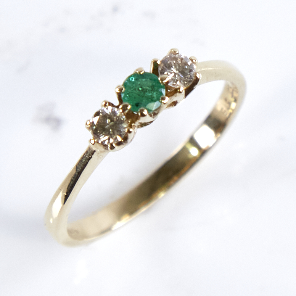 A late 20th century 9ct gold 3-stone emerald and diamond ring, total diamond content approx 0.2ct, - Image 3 of 5