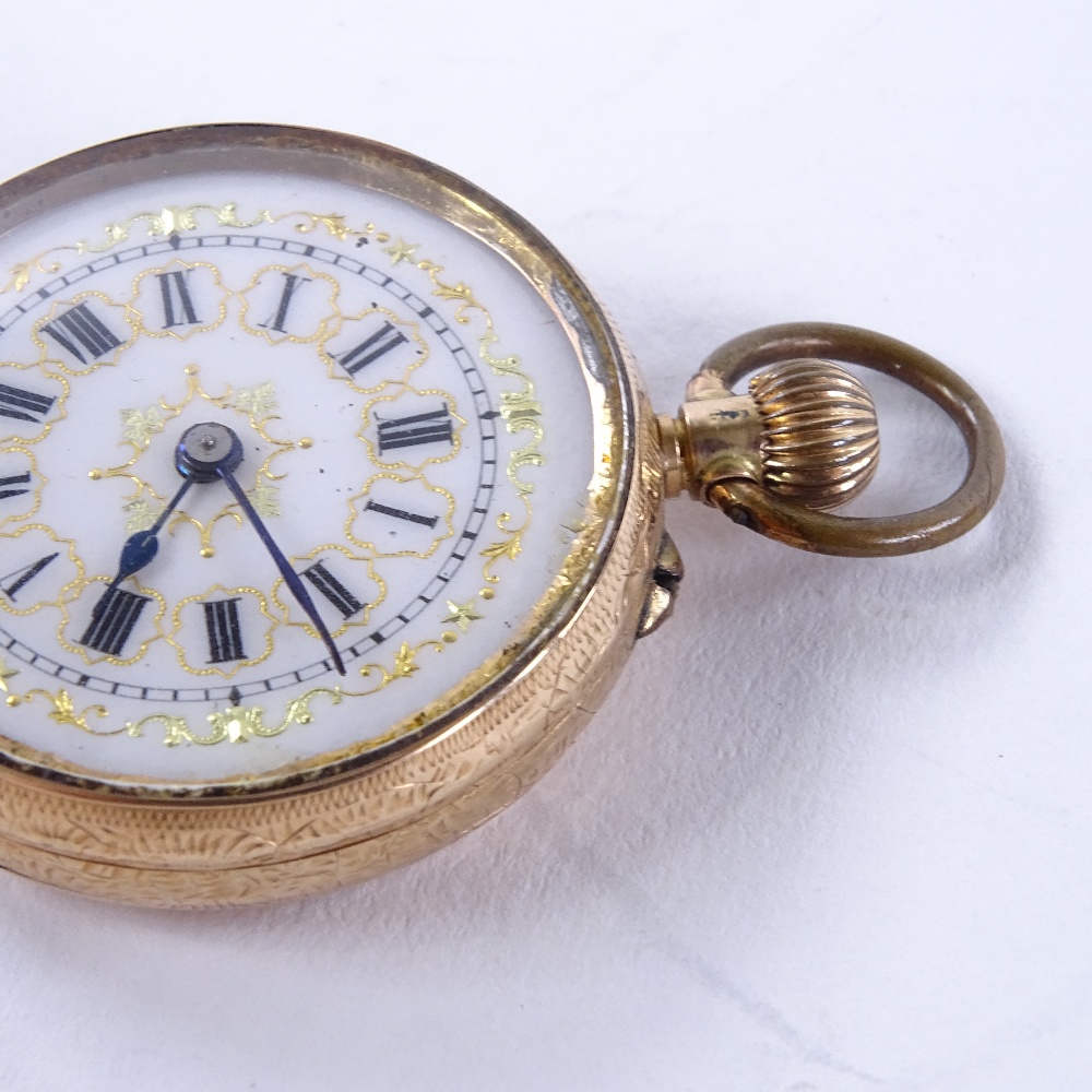 An early 20th century Swiss 14ct rose gold open-face top-wind fob watch, white enamel dial with - Image 5 of 5