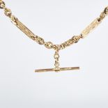 An early/mid-20th century 9ct gold fancy link double Albert chain necklace, with engraved oval bar