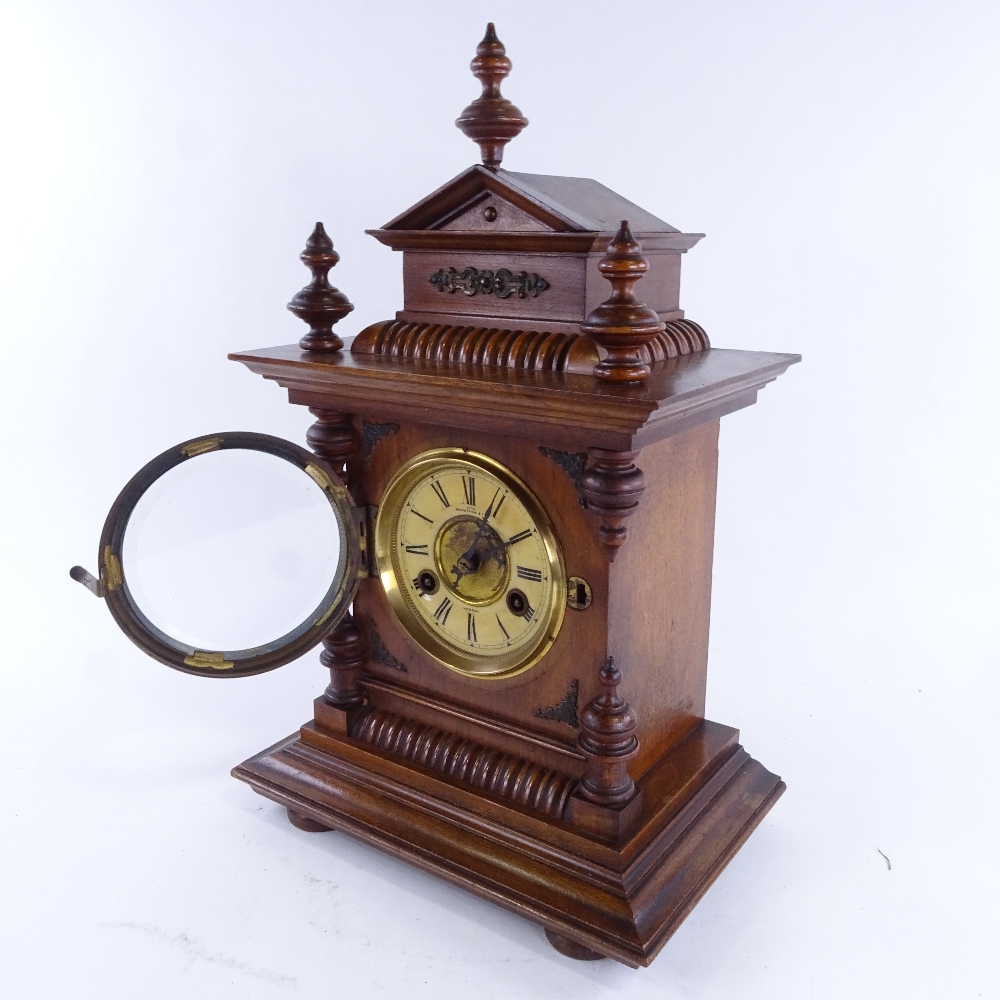 An early 20th century mahogany-cased 8-day architectural mantel clock, examined by Benet Fink & Co - Image 2 of 5