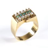 A Continental high carat gold turquoise and pearl triple-row signet ring, setting height 10.2mm,