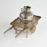 A 20th century Egyptian miniature silver cart and amphora, engraved foliate decoration, cart