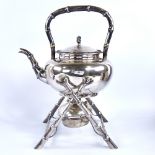 A Chinese export silver tea kettle and burner stand, by Wang Hing, circa 1900, circular bulbous form