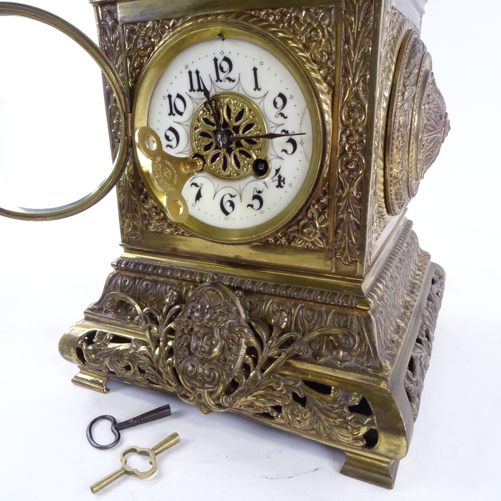 A large 19th century French brass architectural 8-day mantel clock, cream enamel dial with Arabic - Image 5 of 5