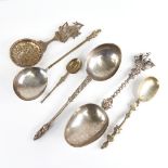 Various Continental silver and white metal spoons, including Dutch example with ship terminal,