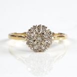 A late 20th century 18ct gold diamond cluster ring, total diamond content approx 0.2ct, setting