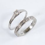 2 Scandinavian 14ct white gold diamond rings, comprising 0.1ct solitaire diamond ring, size O, and