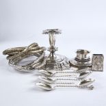 Various Danish silver, including squat candlesticks, set of 6 provincial spoons, matchbox case and 2