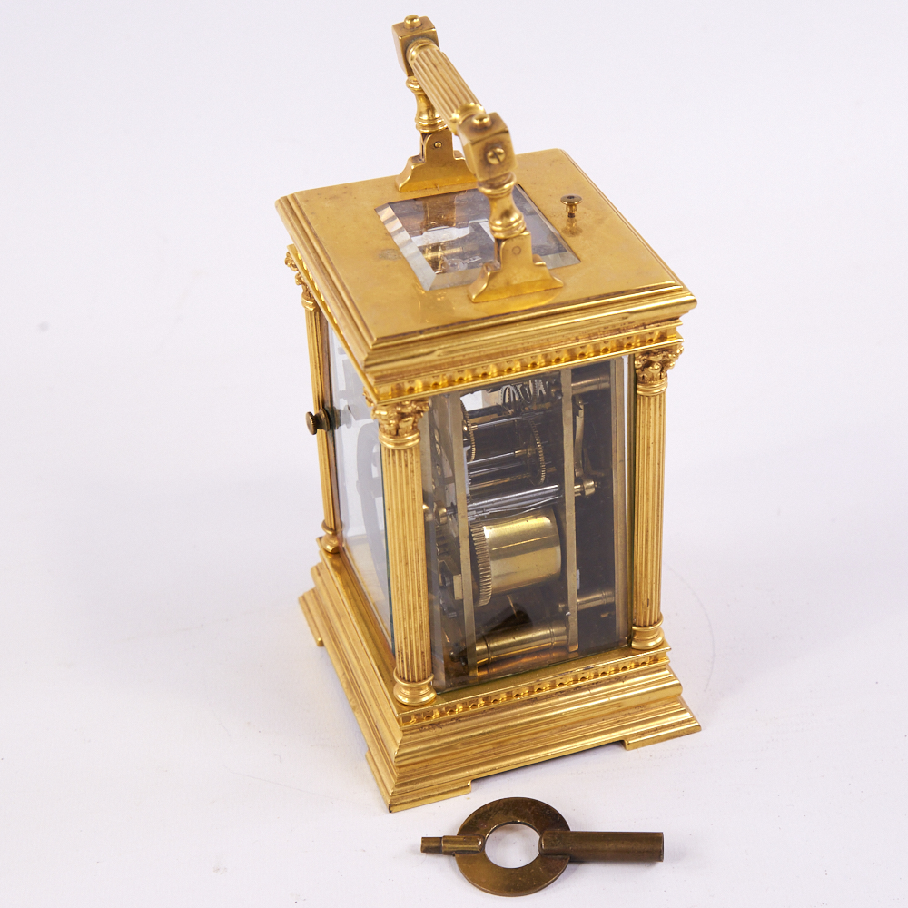 A 19th century gilt-bronze dual time zone repeating carriage clock timepiece, silvered dial with - Image 4 of 5