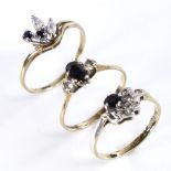 2 9ct gold stone set rings, 2.6g, and a similar silver stone set ring, 1.4g, sizes N, Q and N