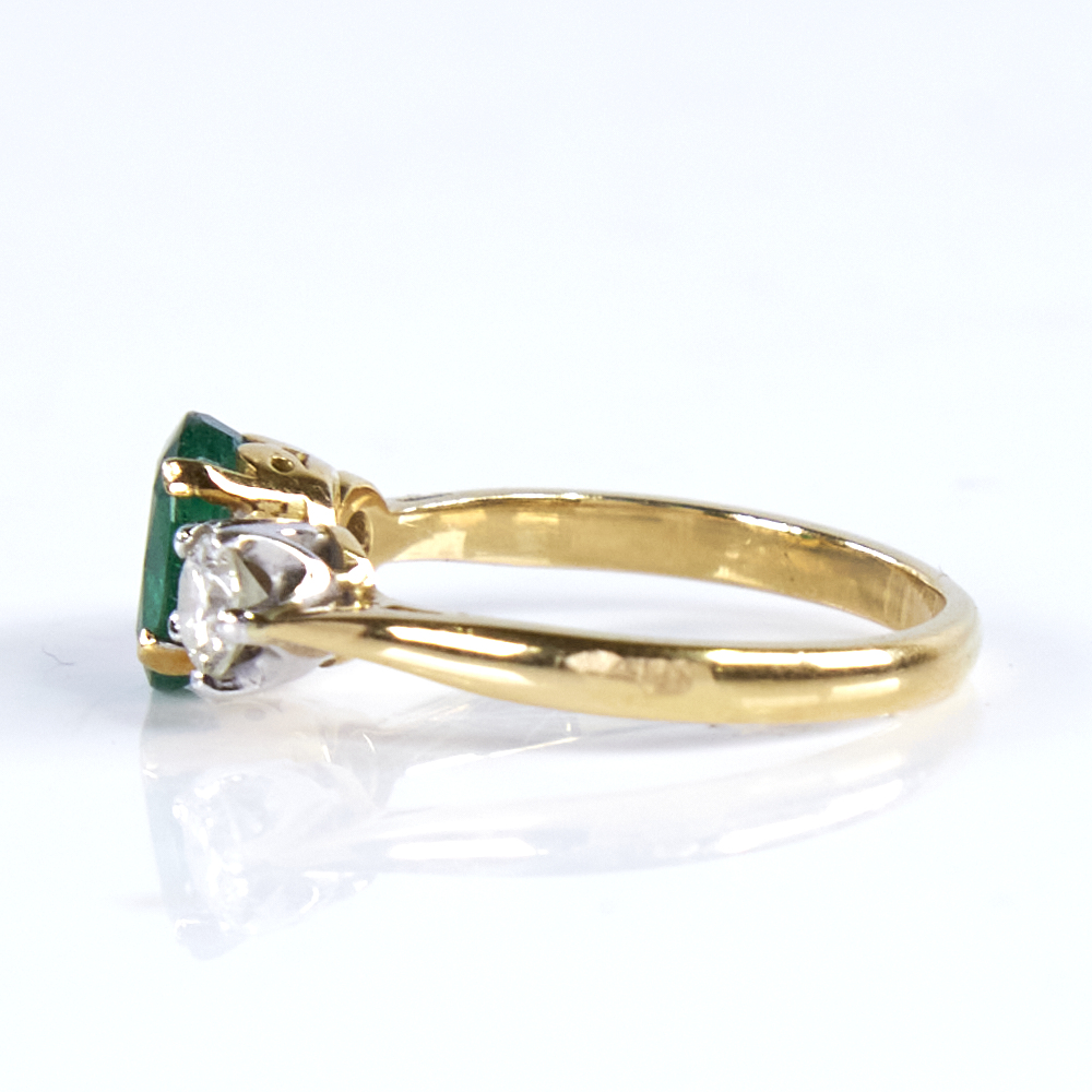 A mid-20th century unmarked high carat gold 3-stone emerald and diamond ring, set with oval mixed- - Image 2 of 5