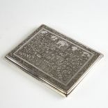 An early 20th century Persian silver cigarette case, detailed figural scene lid with engraved animal