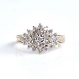 A modern 9ct gold diamond cluster lozenge ring, total diamond content approx 0.5ct, setting height