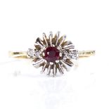 A late 20th century 18ct gold ruby and diamond dress ring, set with round cut ruby and single-cut