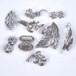 9 Danish stylised silver brooches, maker's include Hermann Siersbol and Hugo Grun, largest length